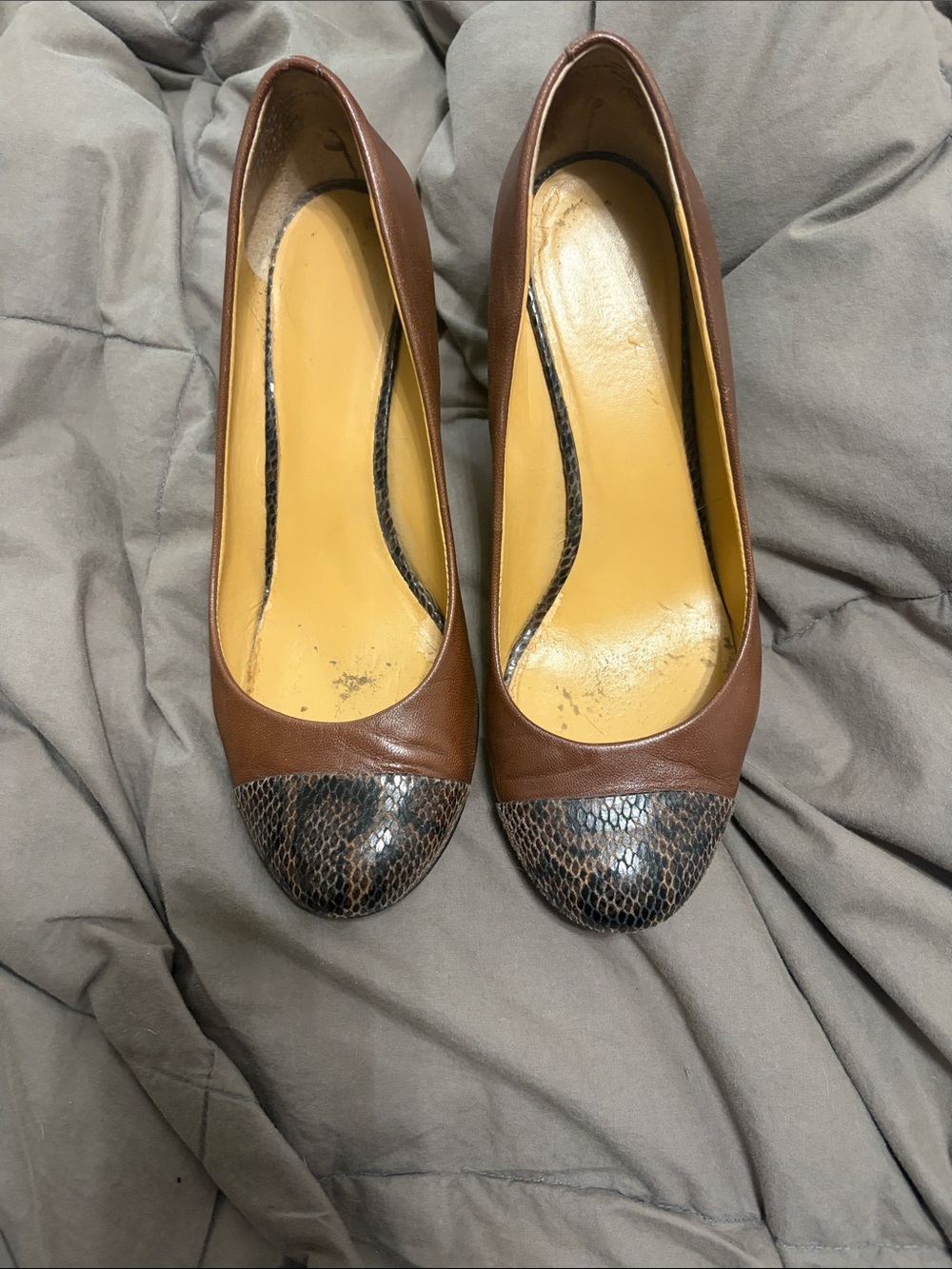 Nine West Brown Leather Pumps with Snakeskin Cap Toe